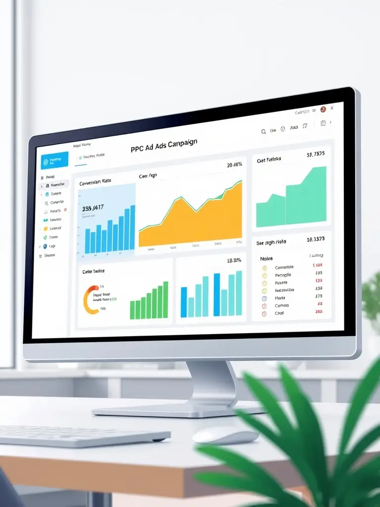 An image of a computer screen displaying PPC campaign analytics and ad performance metrics, representing Smart Search Media's PPC advertising service.