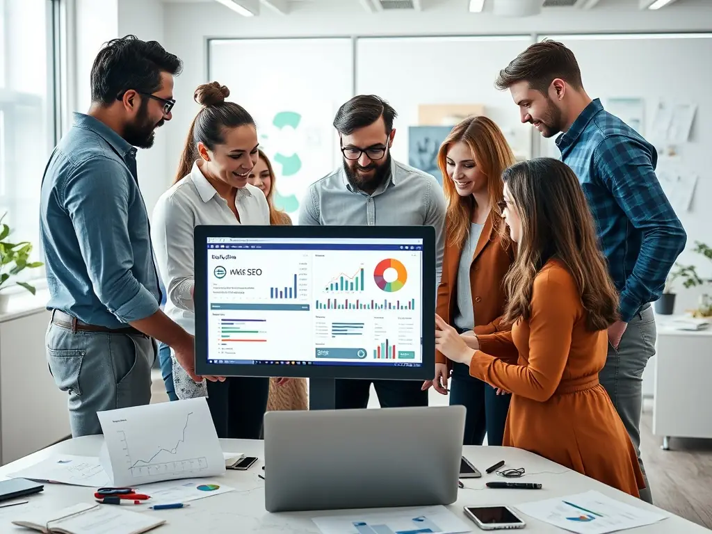 A professional workspace with a team collaborating on SEO strategies, analyzing keyword data and website performance metrics on multiple screens, reflecting the data-driven approach of Smart Search Media's SEO services.