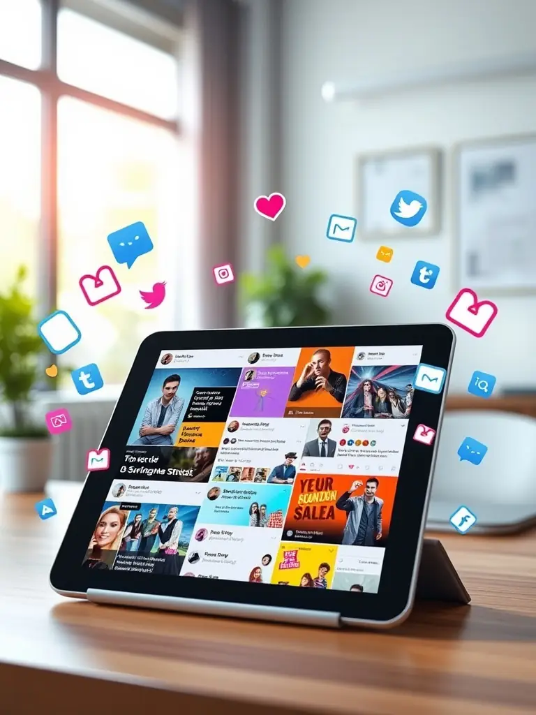 An image showing social media posts and engagement metrics on a tablet screen, showcasing Smart Search Media's social media marketing service.