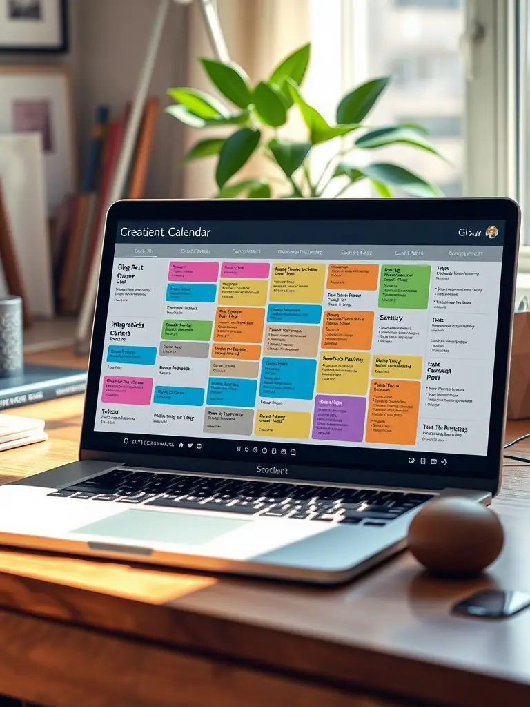 An image of a content calendar and various content types like blogs, videos, and infographics, representing Smart Search Media's content creation and marketing service.